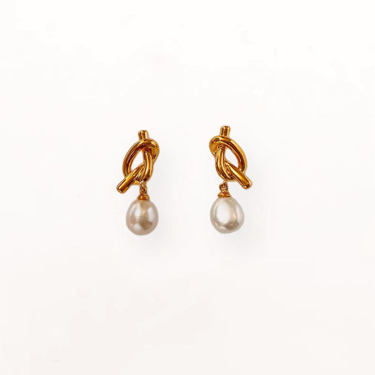Knot Gold Pearl Drop Earrings