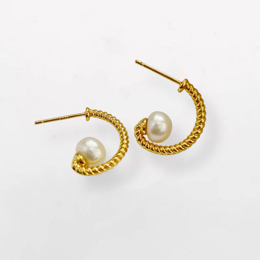 Cecilia Gold Braided Pearl Hoop Earrings