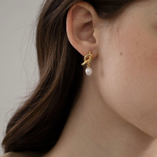Knot Gold Pearl Drop Earrings